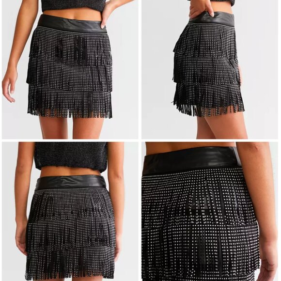 Black Studded Tassel Faux Leather Fringe Skirt M NWT - Picture 3 of 5